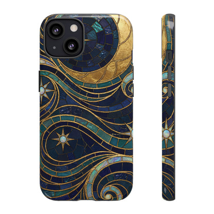 Elegant Navy & Gold Crescent Moon Mosaic Phone Case