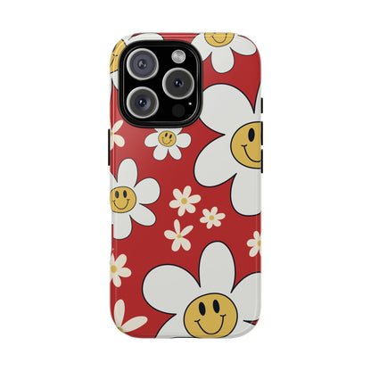 iPhone 16 Pro / Glossy Phone Case - Fun Retro Daisy Pattern with Red Background Phone Case