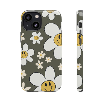 Fun Retro Daisy Pattern with Olive Green Background Phone Case - Green Phone Case - iPhone 13 Mini / Glossy