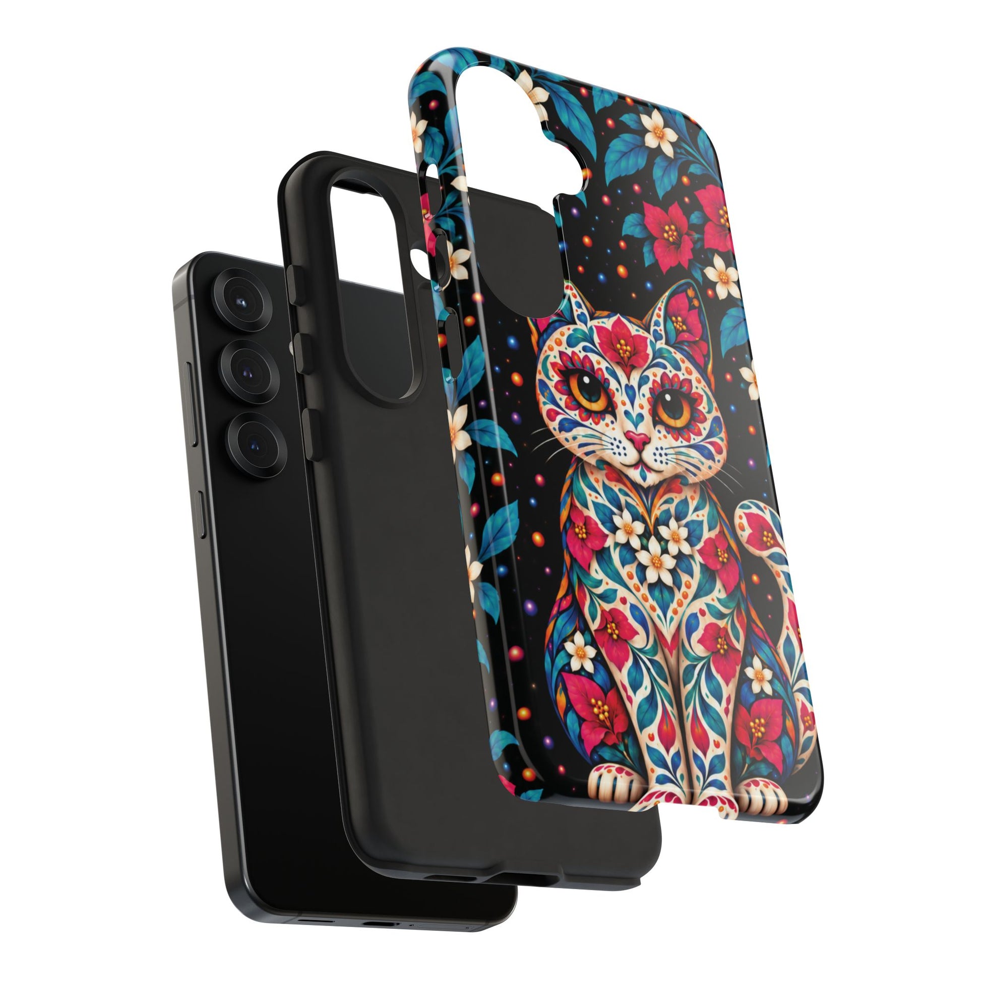 Vibrant Pink and Turquoise Calavera Cat Phone Case - Multicolor Phone Case