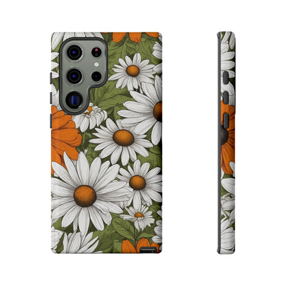 Samsung Galaxy S23 Ultra / Glossy Phone Case - Boho Chic Daisies Floral Pattern ’White Orange & Green’ Phone Case