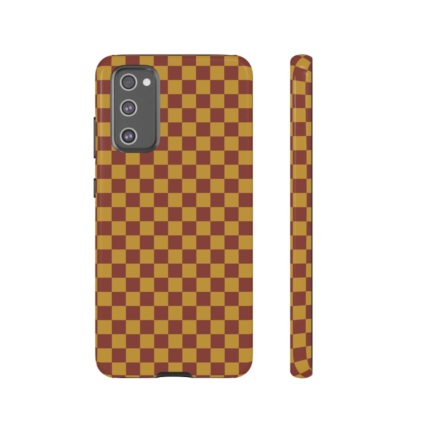 Samsung Galaxy S20 FE / Glossy Phone Case - Trendy Mustard & Burgandy Small Checked Pattern Phone Case