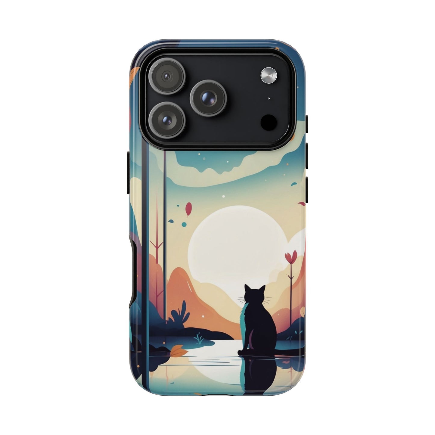 iPhone 17 Pro / Glossy Phone Case - Stylised Cat & Moon Design Phone Case