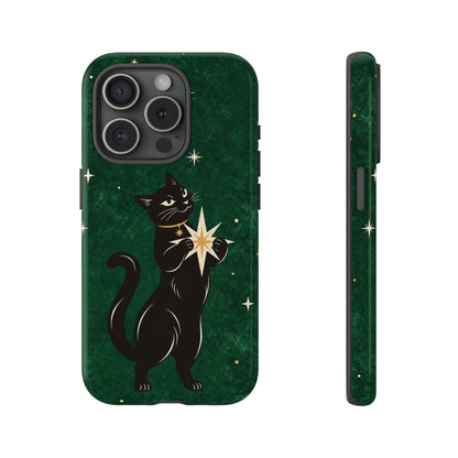 Forest Green Celestial Black Cat Phone Case - Green Phone Case - iPhone 15 Pro / Glossy