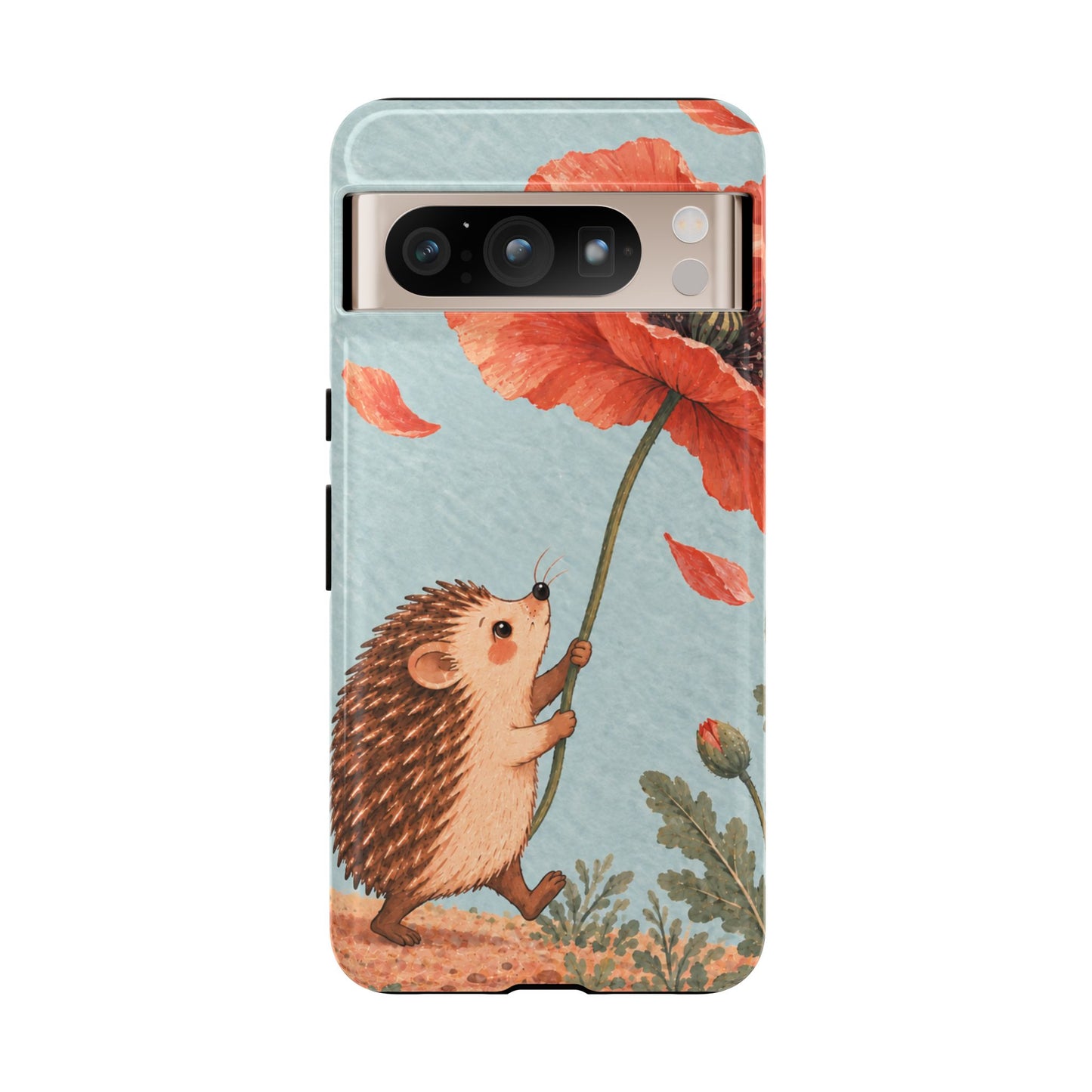 Whimsical Pale Blue Hedgehog and Poppy Phone Case - Blue Phone Case - Google Pixel 8 Pro / Glossy