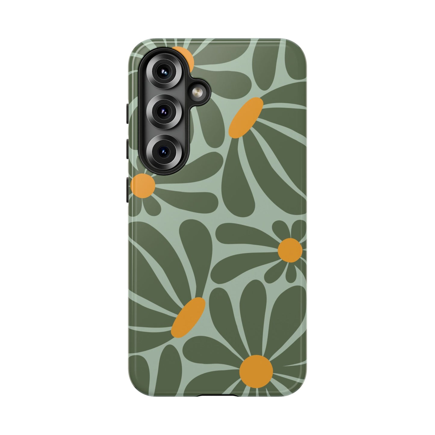 Samsung Galaxy S25 / Glossy Phone Case - Retro Green Daisy Pattern Phone Case