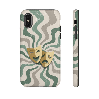 iPhone X / Glossy Phone Case - Comedy & Tragedy Masks – Green Minimal Retro Wave Phone Case