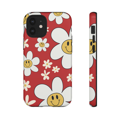 iPhone 12 Mini / Glossy Phone Case - Fun Retro Daisy Pattern with Red Background Phone Case