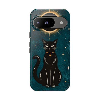 Whimsical Teal Celestial Black Cat Phone Case