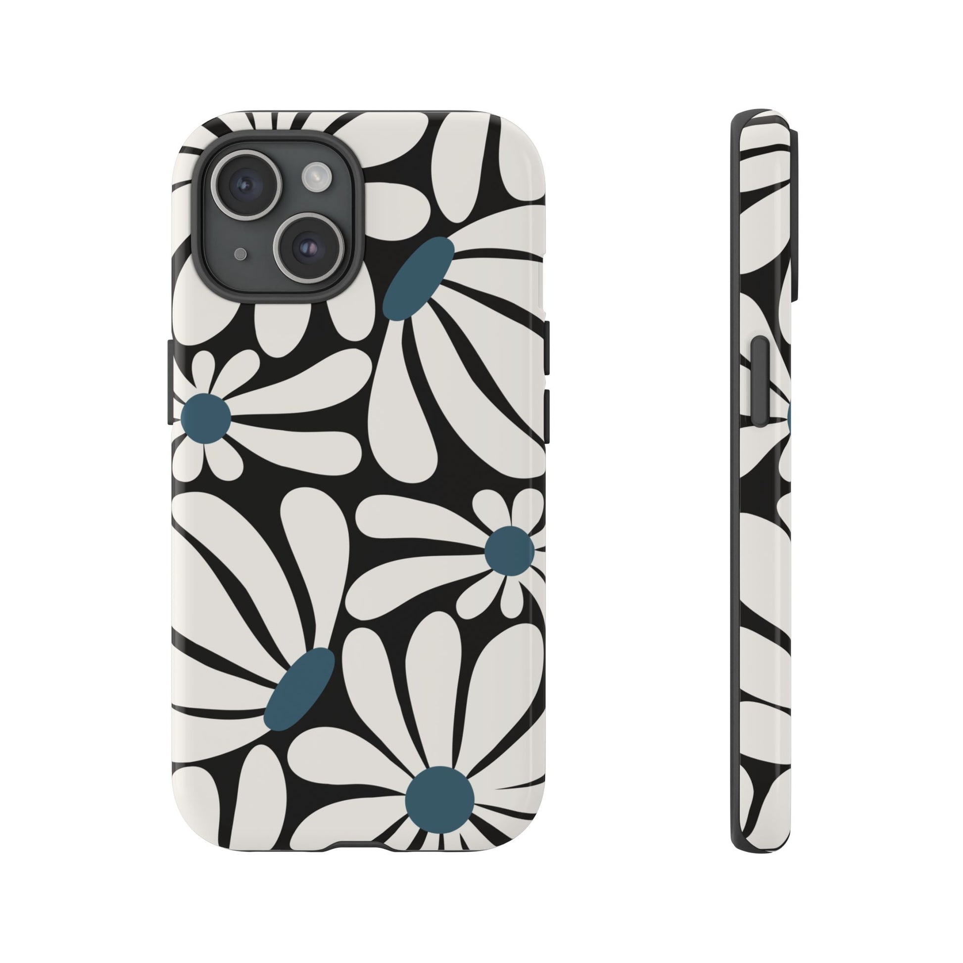 Retro Black Daisy Pattern Phone Case - Black Phone Case - iPhone 15 / Glossy