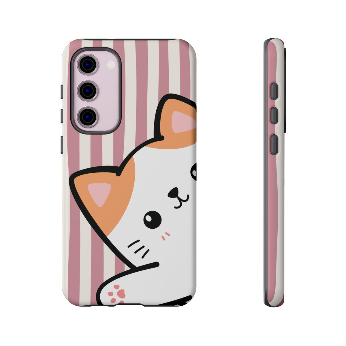 Playful Peakaboo Cat with Pink Stripe Pattern Phone Case - Pink Phone Case - Samsung Galaxy S23 Plus / Glossy
