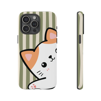 iPhone 15 Pro Max / Glossy Phone Case - Peakaboo Cat with Green Stripe Pattern Phone Case