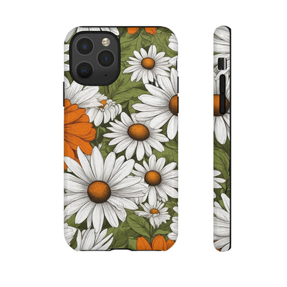 Boho Chic Daisies Floral Pattern "White, Orange & Green" Phone Case