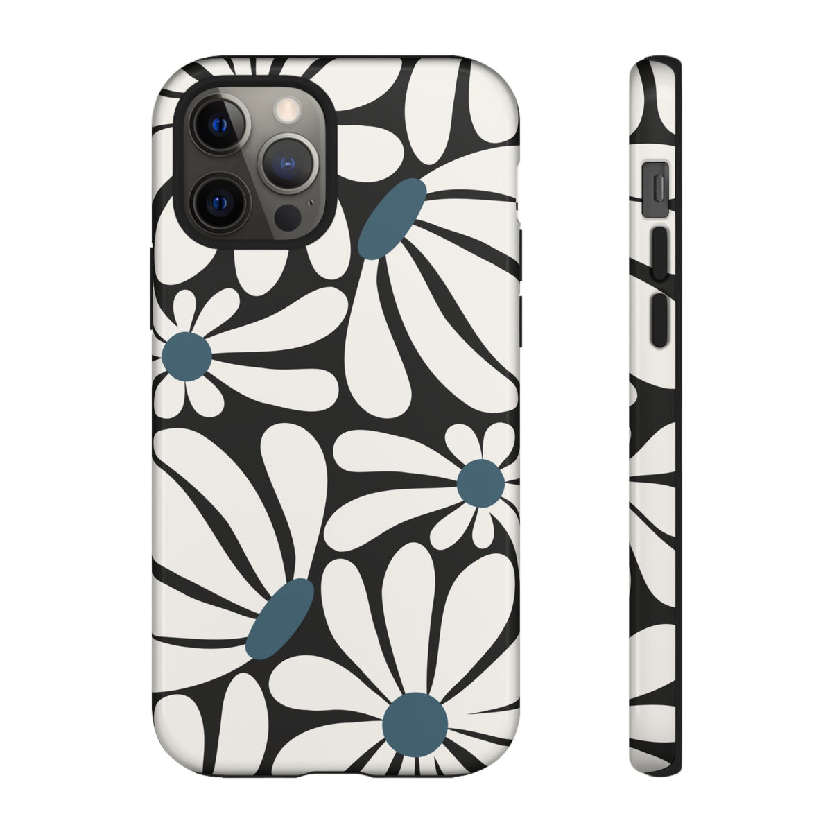 Retro Black Daisy Pattern Phone Case - Black Phone Case - iPhone 12 Pro / Glossy