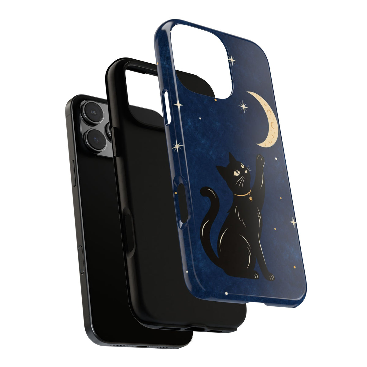 Whimsical Navy Blue Celestial Black Cat Phone Case