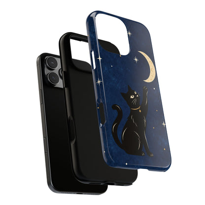 Whimsical Navy Blue Celestial Black Cat Phone Case
