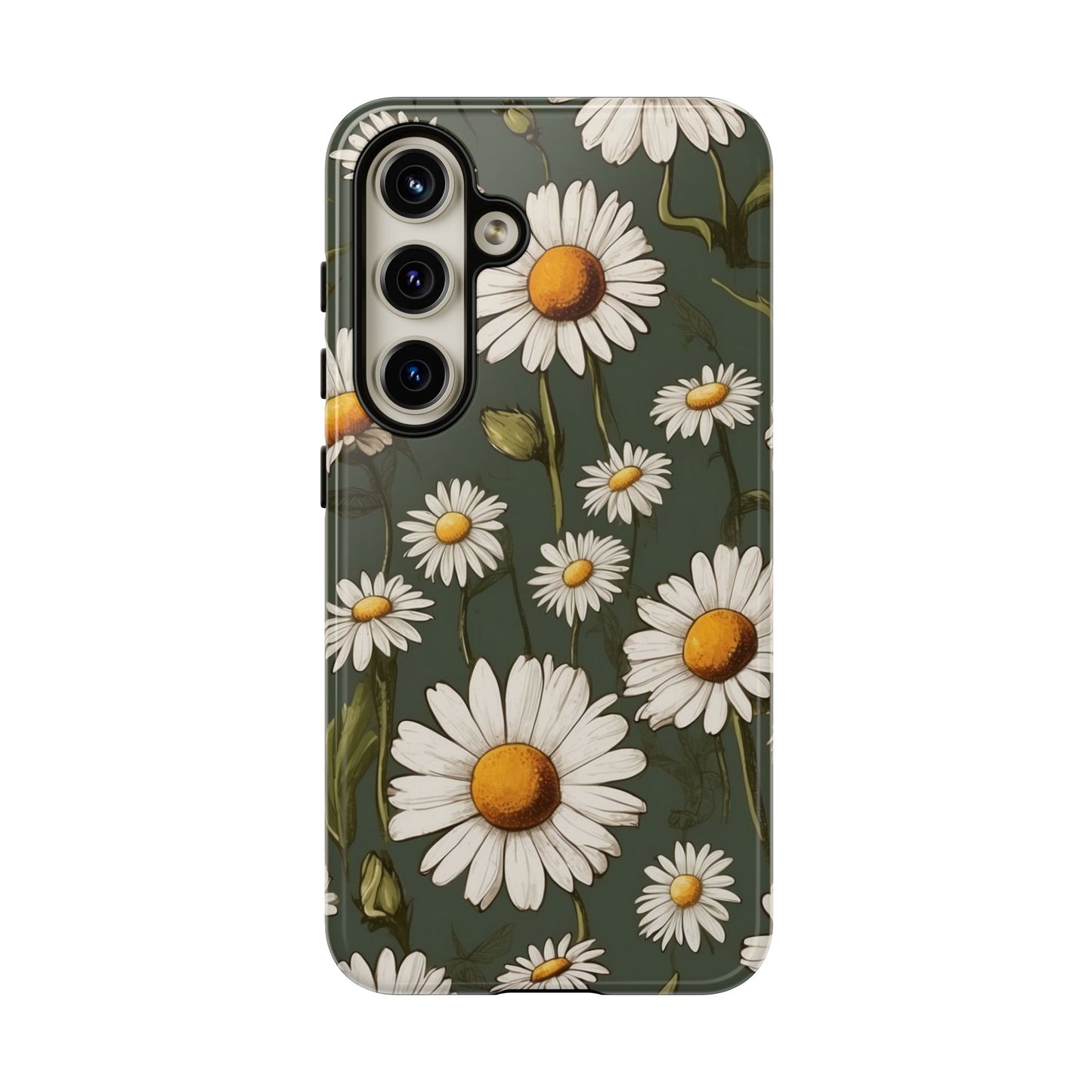 Samsung Galaxy S24 / Glossy Phone Case - Boho Chic Daisies Floral Pattern ’White & Green’ Phone Case