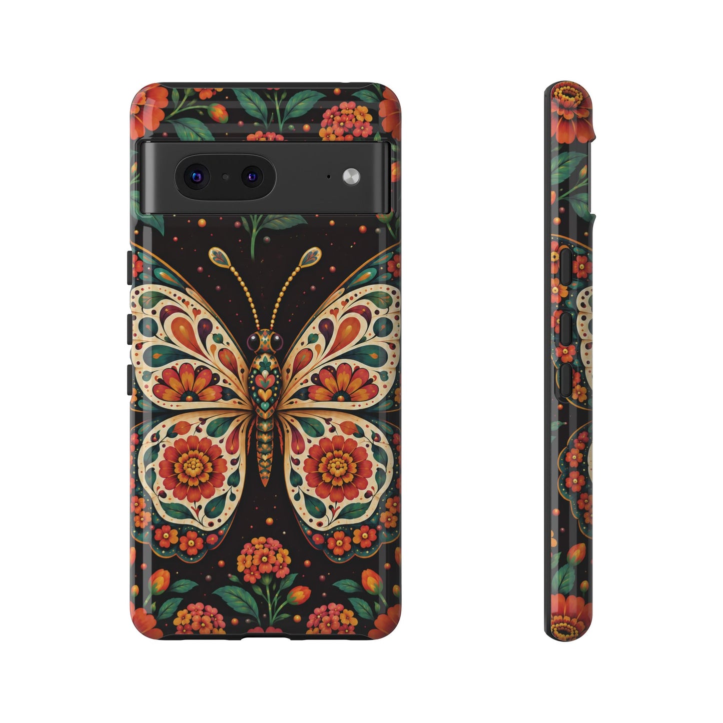 Vibrant Terracotta and Teal Calavera Butterfly Phone Case - Multicolor Phone Case - Google Pixel 7 / Glossy