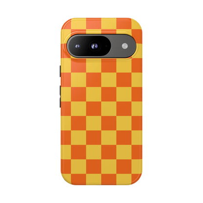 Google Pixel 9 / Glossy Phone Case - Trendy Orange & Yellow Checked Pattern Phone Case