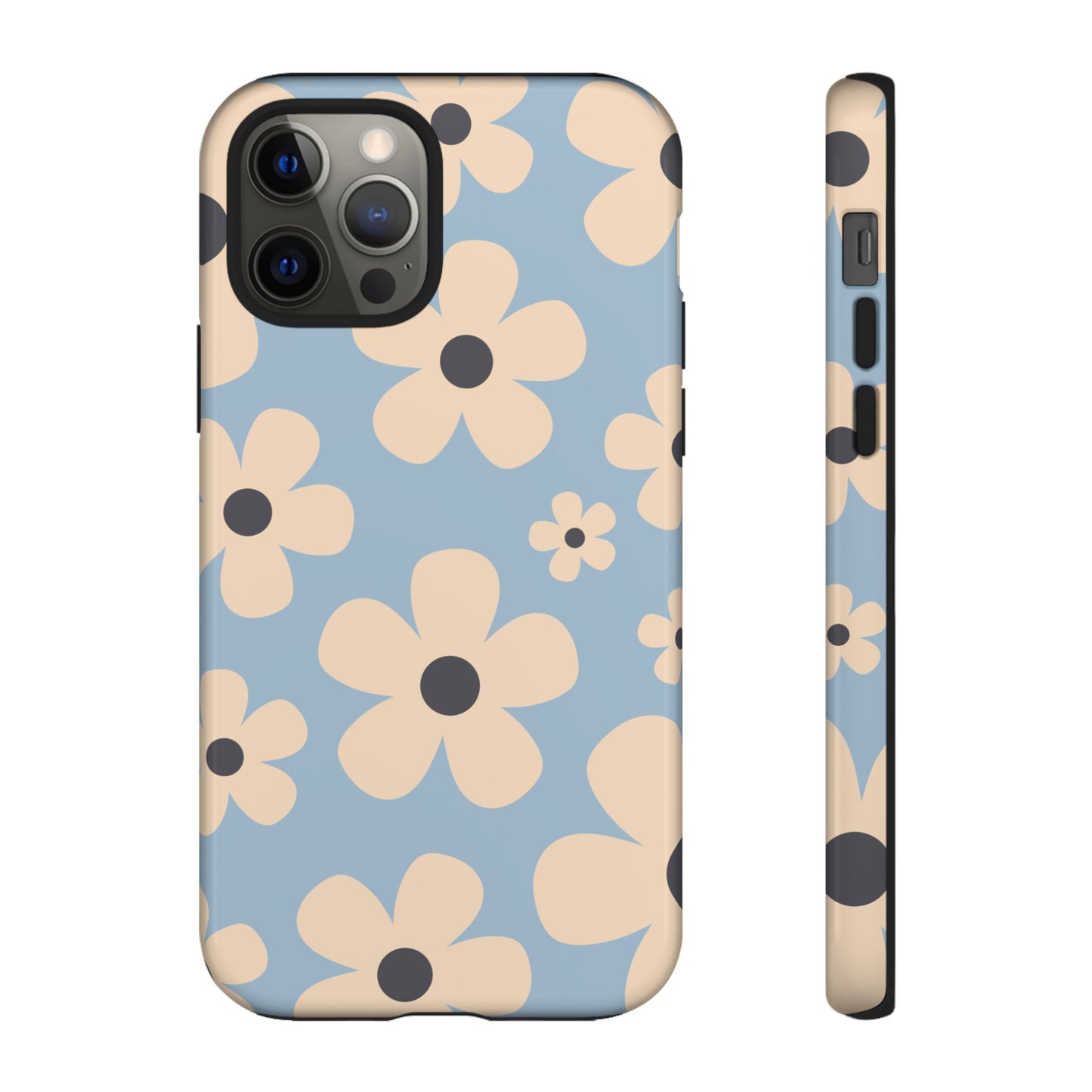 iPhone 12 Pro / Glossy Phone Case - Cute Light Blue & Cream Daisy Pattern Phone Case