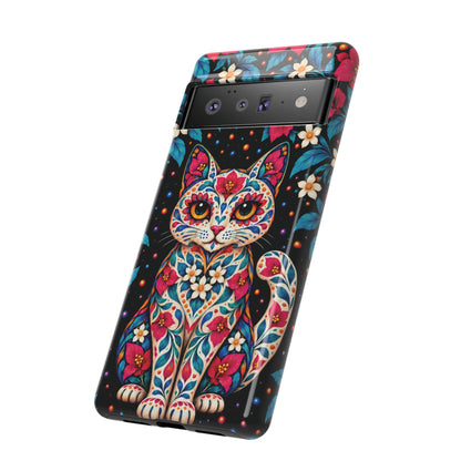Vibrant Pink and Turquoise Calavera Cat Phone Case - Multicolor Phone Case