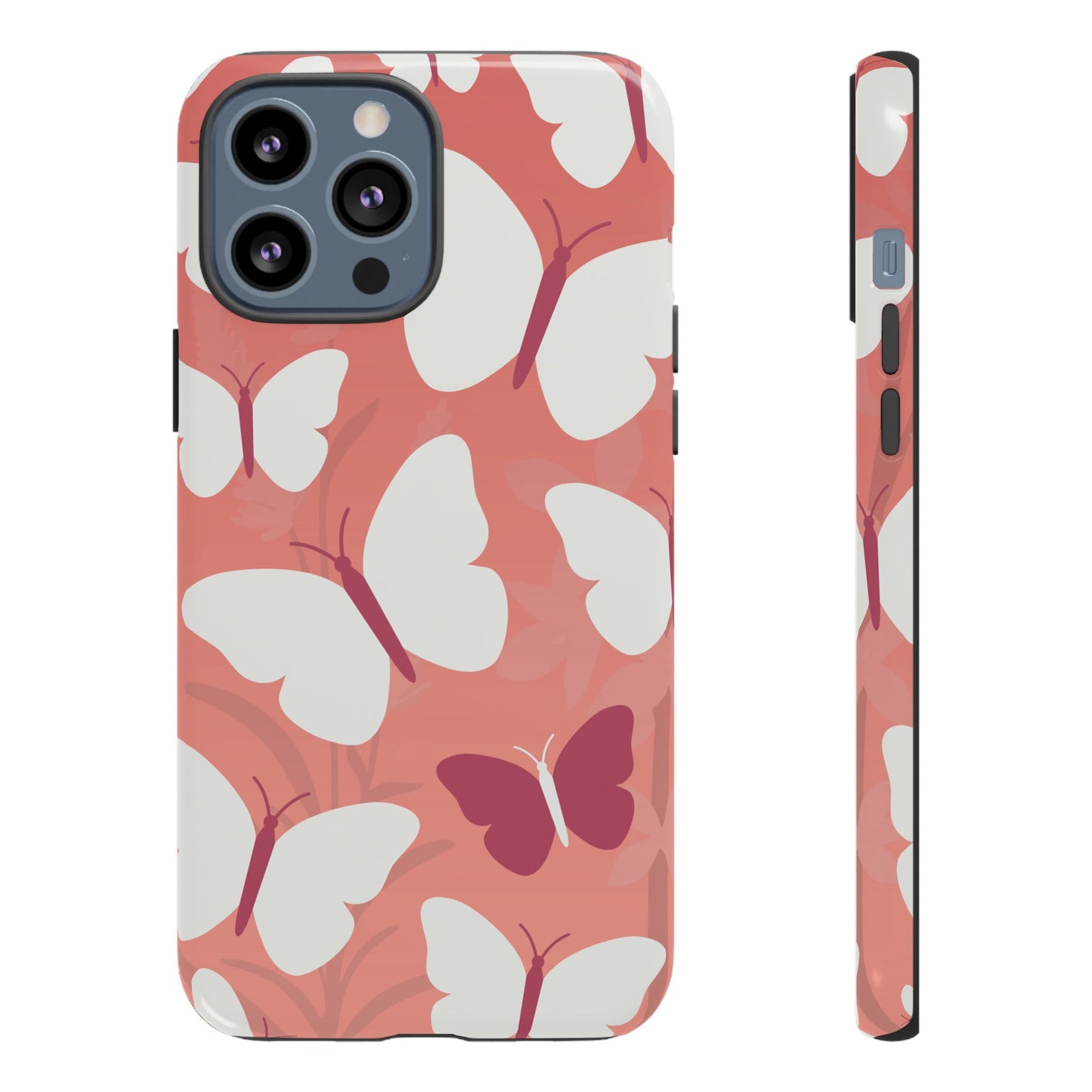 iPhone 13 Pro Max / Glossy Phone Case - Minimalist Pink Butterfly Pattern Phone Case