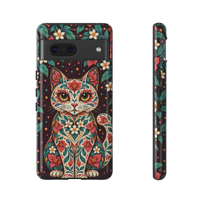 Vibrant Terracotta and Teal Calavera Cat Phone Case - Multicolor Phone Case - Google Pixel 7 / Glossy