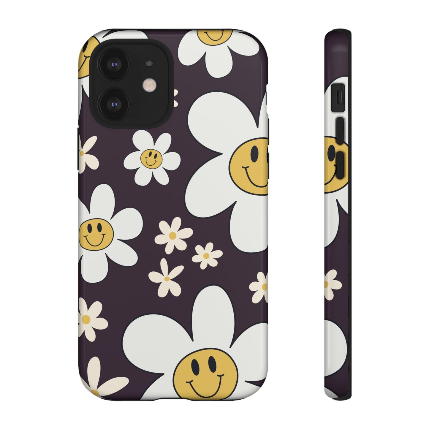 iPhone 12 / Glossy Phone Case - Fun Retro Daisy Pattern with Purple Background Phone Case