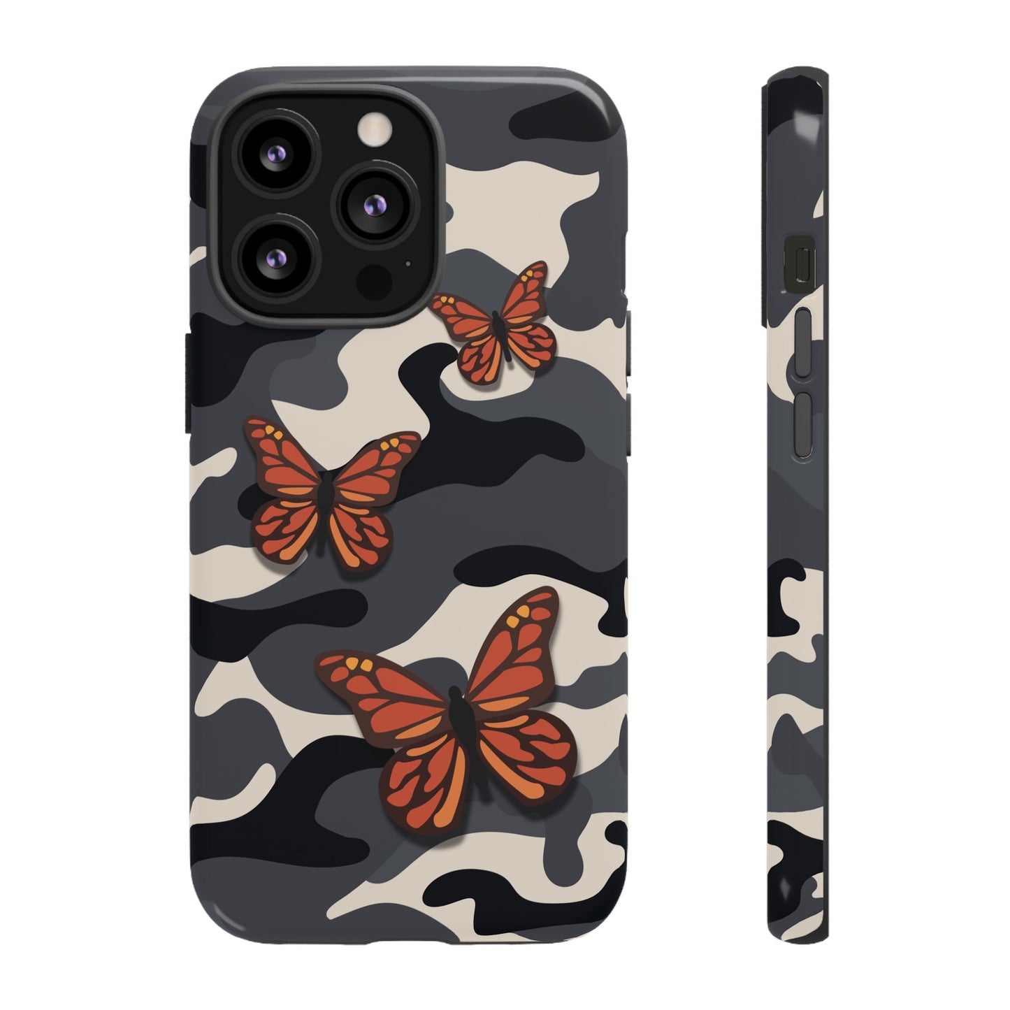 iPhone 13 Pro / Glossy Phone Case - Black & Orange Butterfly Camo Phone Case