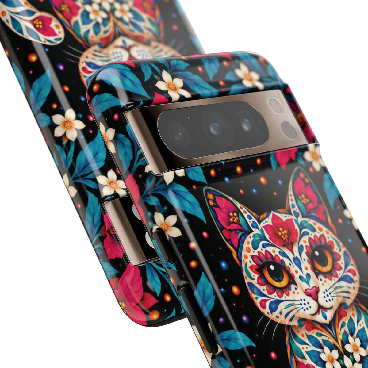 Vibrant Pink and Turquoise Calavera Cat Phone Case - Multicolor Phone Case