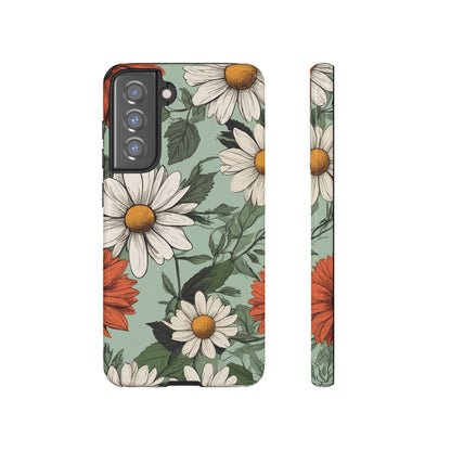 Samsung Galaxy S21 FE / Glossy Phone Case - Boho Chic Daisies Floral Pattern ’White & Orange’ Phone Case