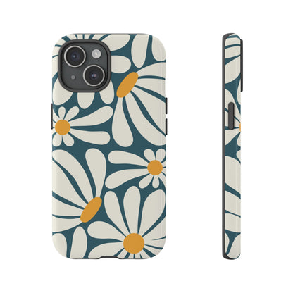 iPhone 15 / Glossy Phone Case - Retro Blue Daisy Pattern Phone Case