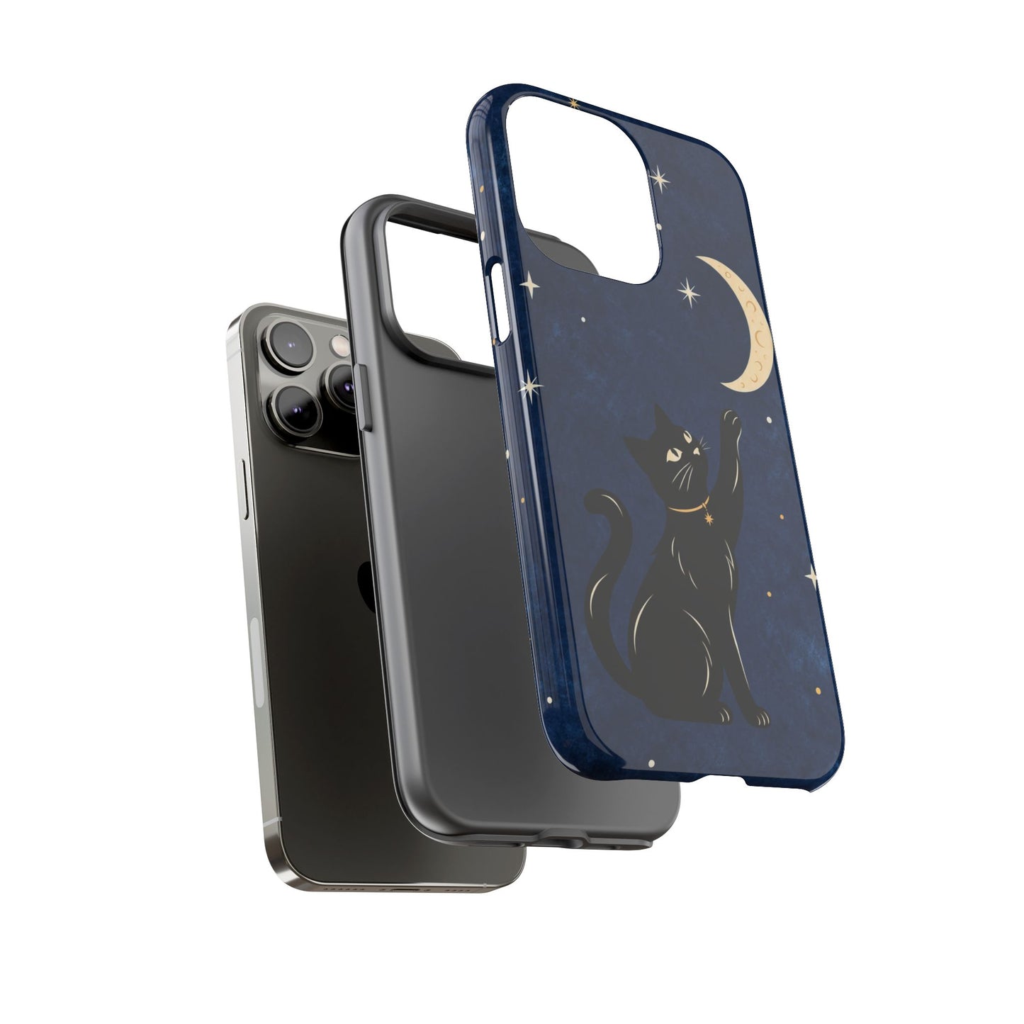 Whimsical Navy Blue Celestial Black Cat Phone Case