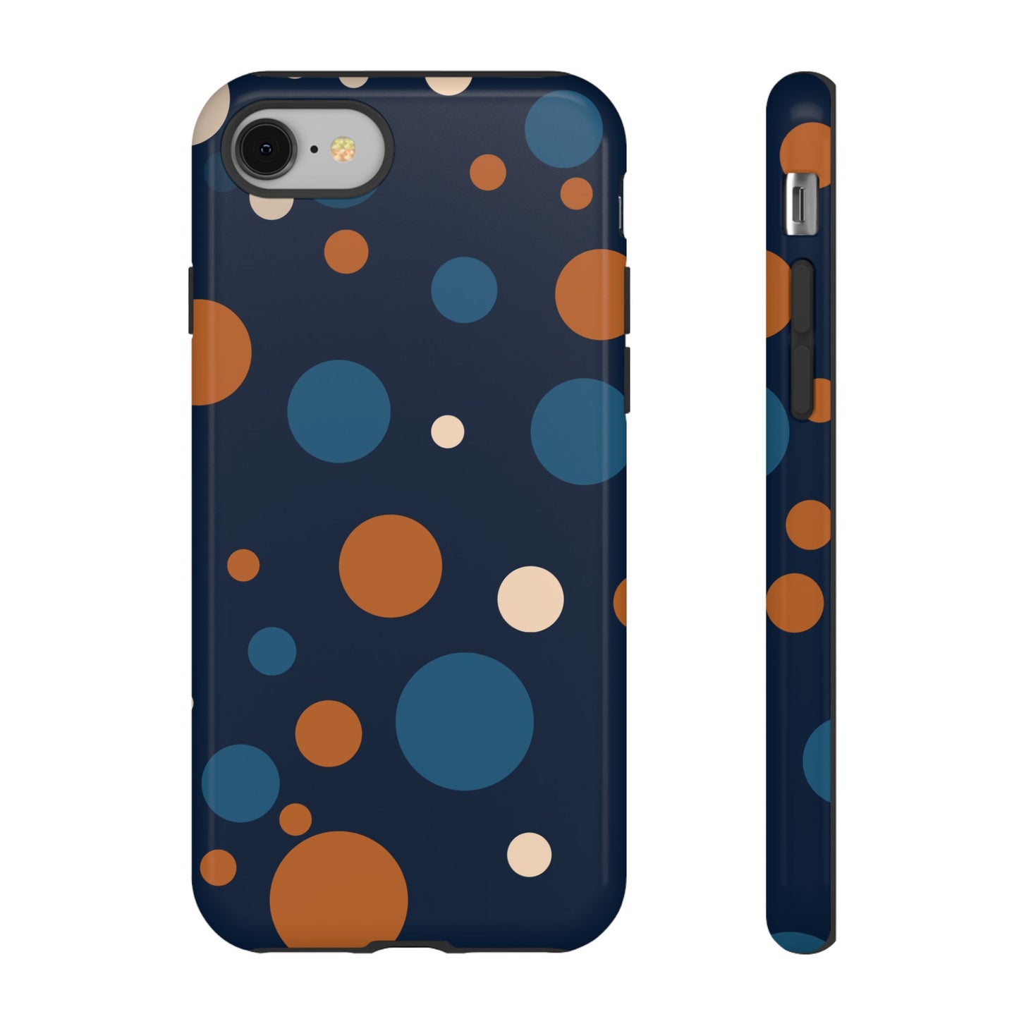 iPhone 8 / Glossy Phone Case - ’Bold Navy Blue & Orange / White Dot Pattern’ Phone Case