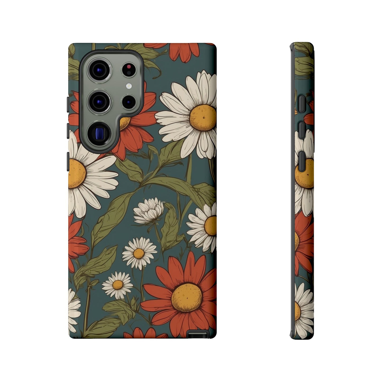 Samsung Galaxy S23 Ultra / Glossy Phone Case - Boho Chic Daisies Floral Pattern ’White & Red’ Phone Case