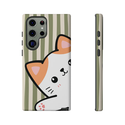 Samsung Galaxy S23 Ultra / Glossy Phone Case - Peakaboo Cat with Green Stripe Pattern Phone Case