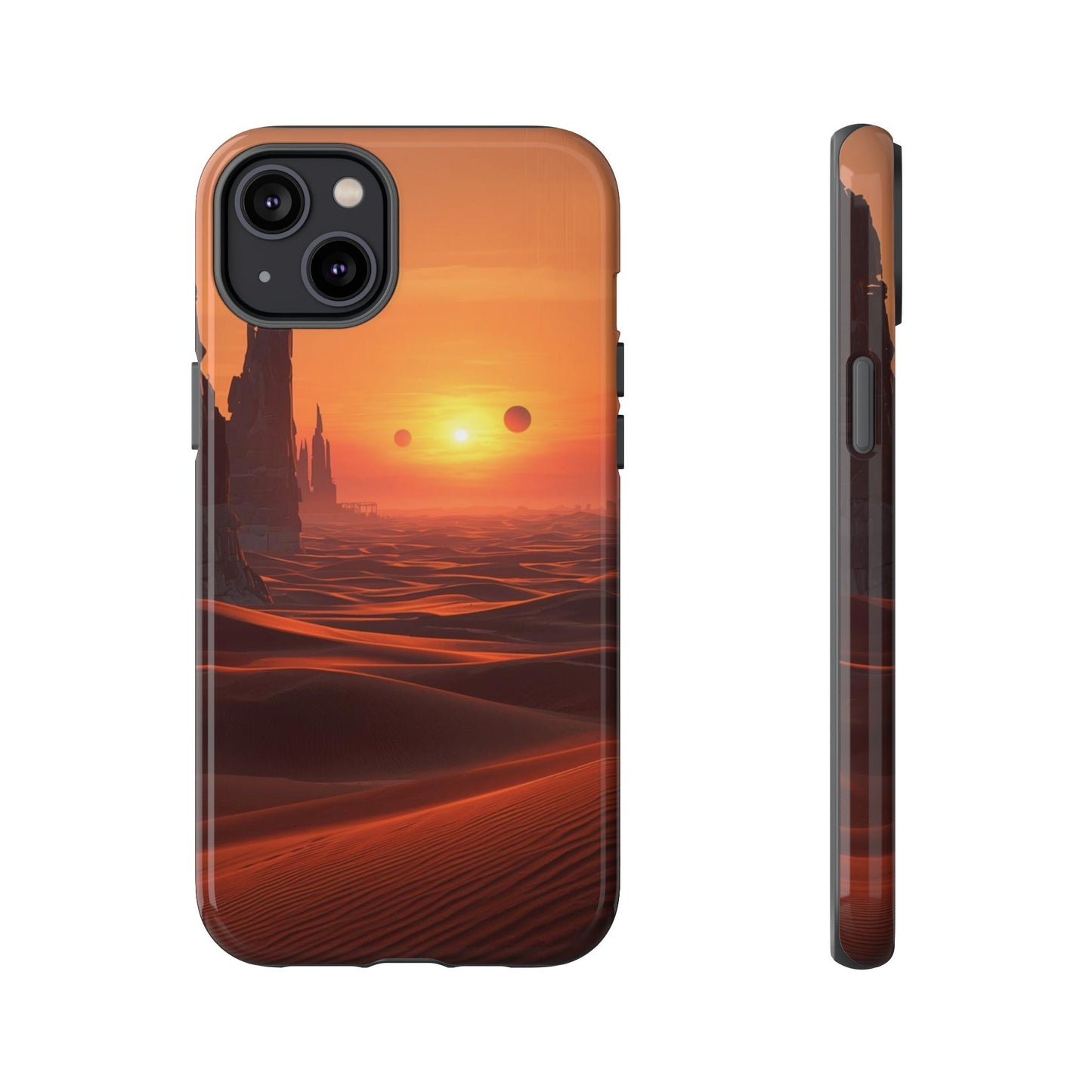 Twin Suns Desert World Sci-fi Phone Case - Orange Phone Case - iPhone 14 Plus / Glossy