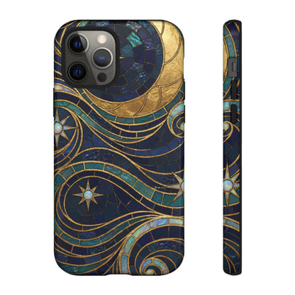 Elegant Navy & Gold Crescent Moon Mosaic Phone Case