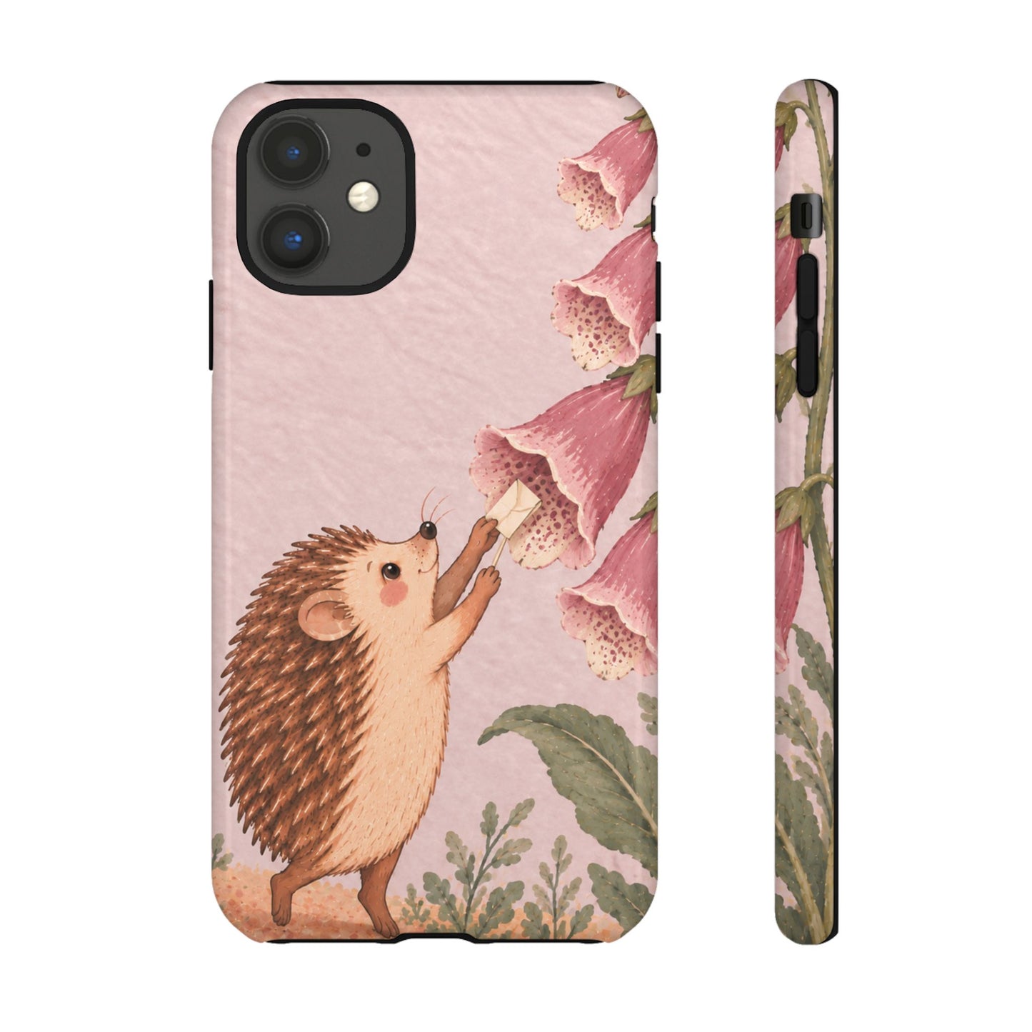 Whimsical Blush Pink Hedgehog and Foxglove Phone Case - Pink Phone Case - iPhone 11 / Glossy