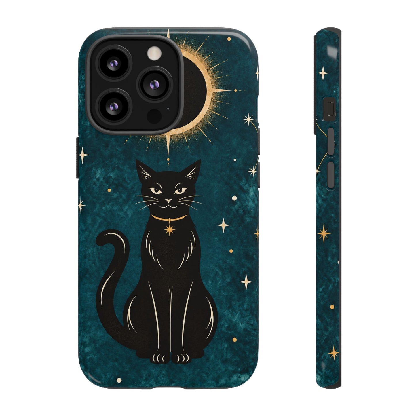 Whimsical Teal Celestial Black Cat Phone Case