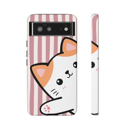 Playful Peakaboo Cat with Pink Stripe Pattern Phone Case - Pink Phone Case - Google Pixel 6 / Glossy