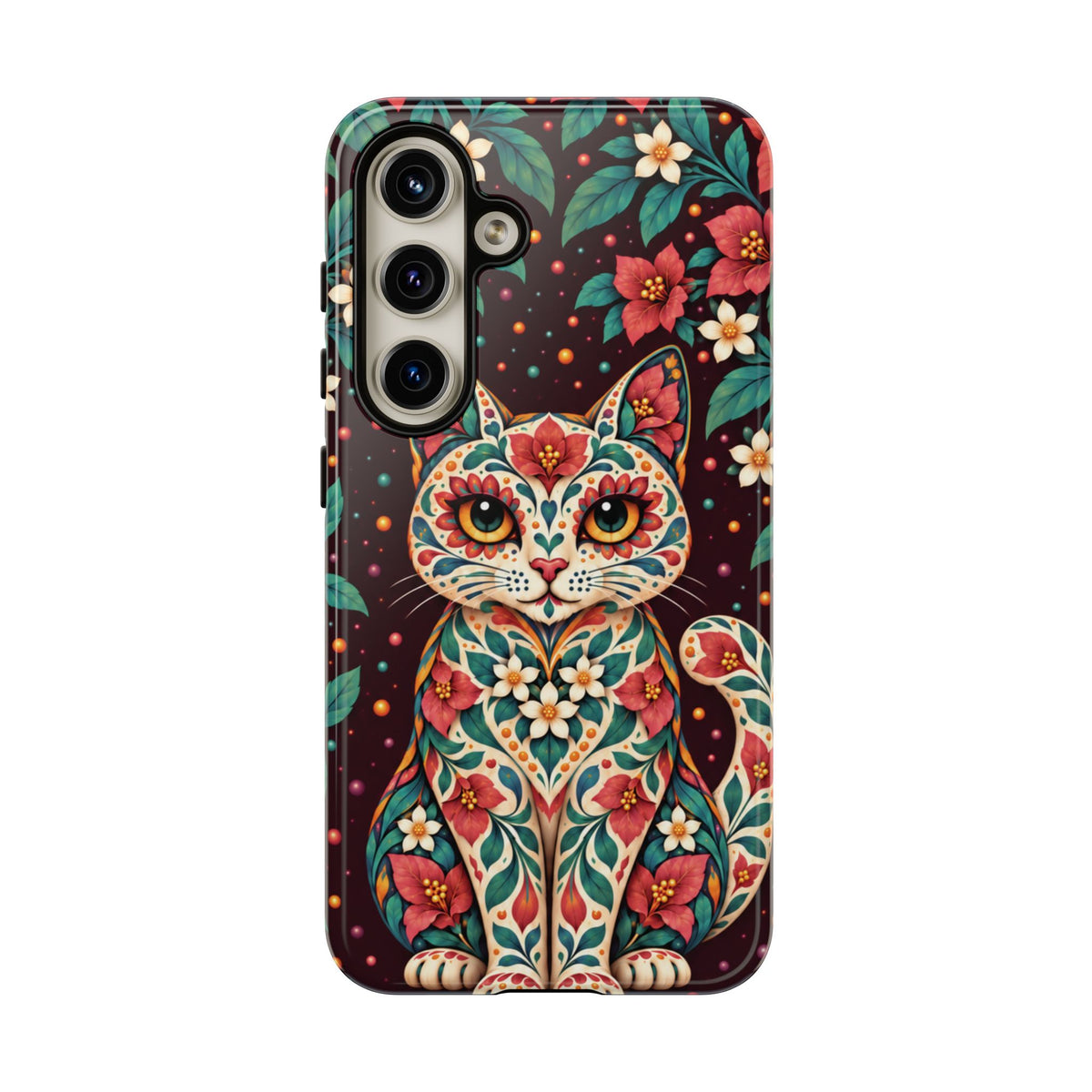 Vibrant Terracotta and Teal Calavera Cat Phone Case - Multicolor Phone Case - Samsung Galaxy S24 / Glossy