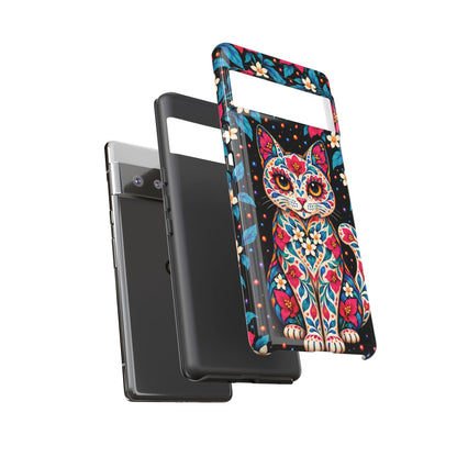 Vibrant Pink and Turquoise Calavera Cat Phone Case - Multicolor Phone Case