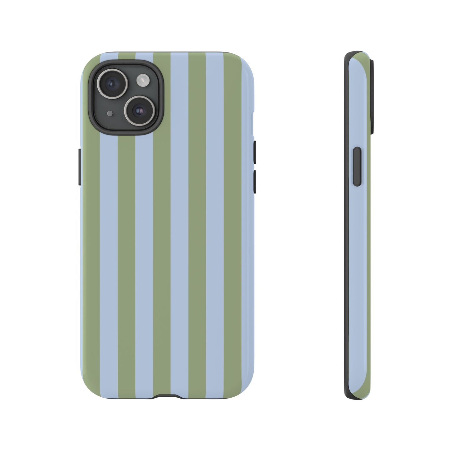 iPhone 15 Plus / Glossy Phone Case - Trendy Ice Blue & Green Stripe Pattern Phone Case