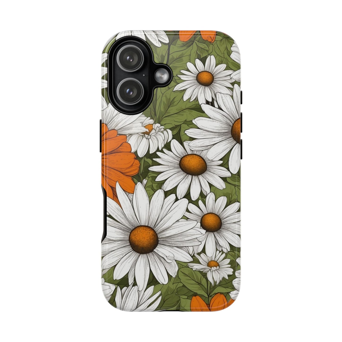 iPhone 17 / Glossy Phone Case - Boho Chic Daisies Floral Pattern ’White Orange & Green’ Phone Case