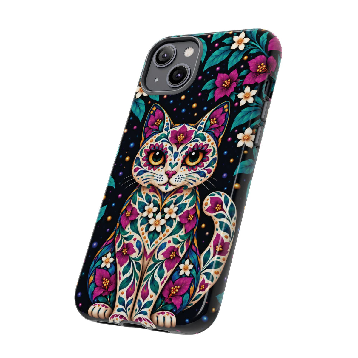 Vibrant Purple and Teal Calavera Cat Phone Case - Multicolor Phone Case