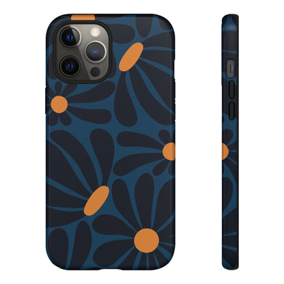 iPhone 12 Pro Max / Glossy Phone Case - ’Dark Blue & Orange Daisy Pattern’ Phone Case