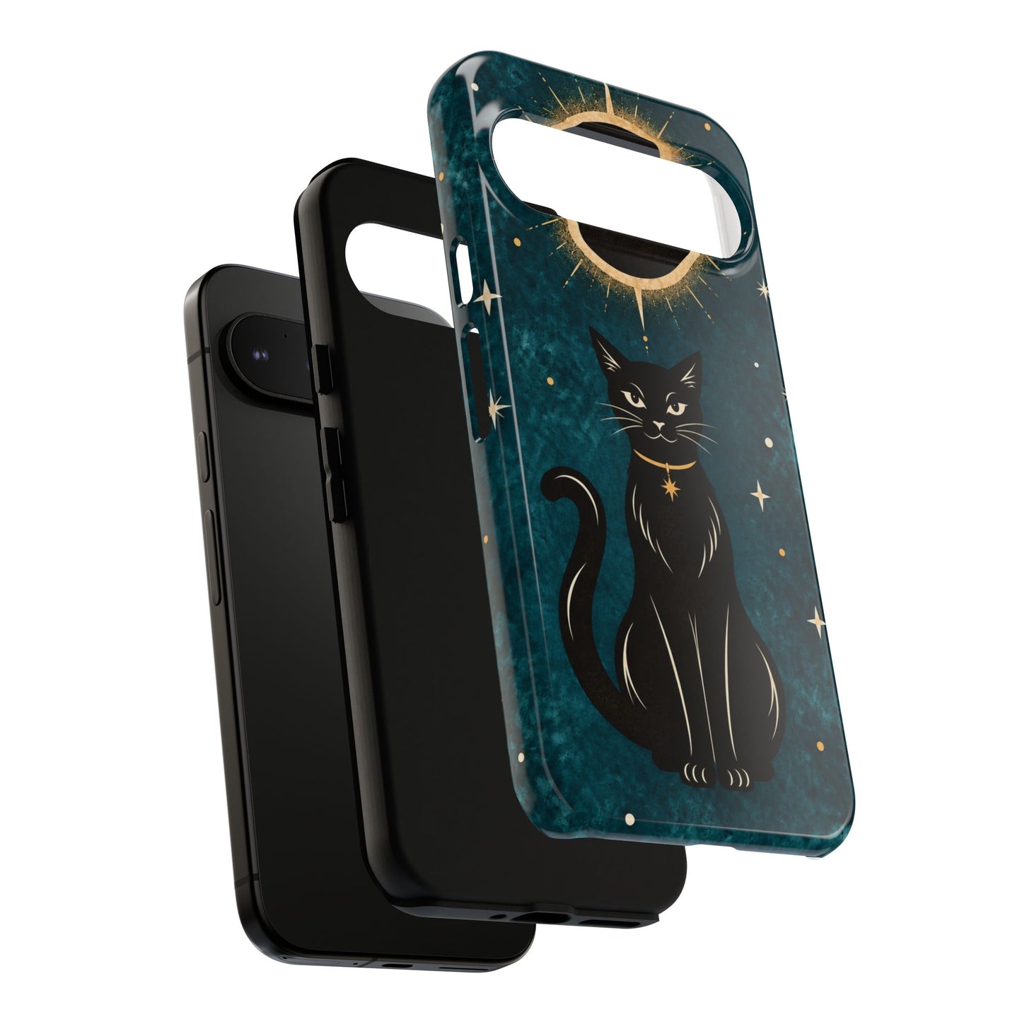 Whimsical Teal Celestial Black Cat Phone Case