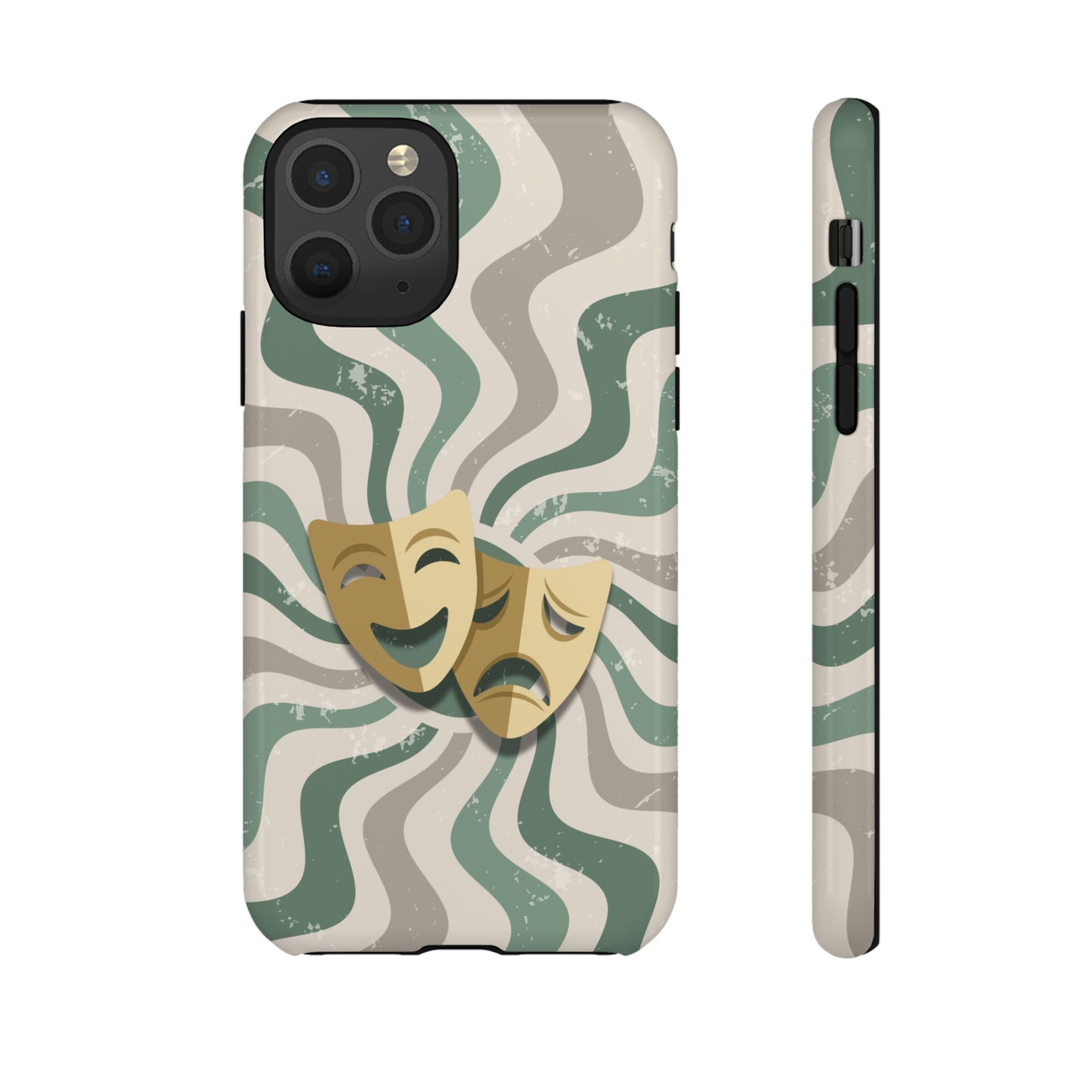 iPhone 11 Pro / Glossy Phone Case - Comedy & Tragedy Masks – Green Minimal Retro Wave Phone Case