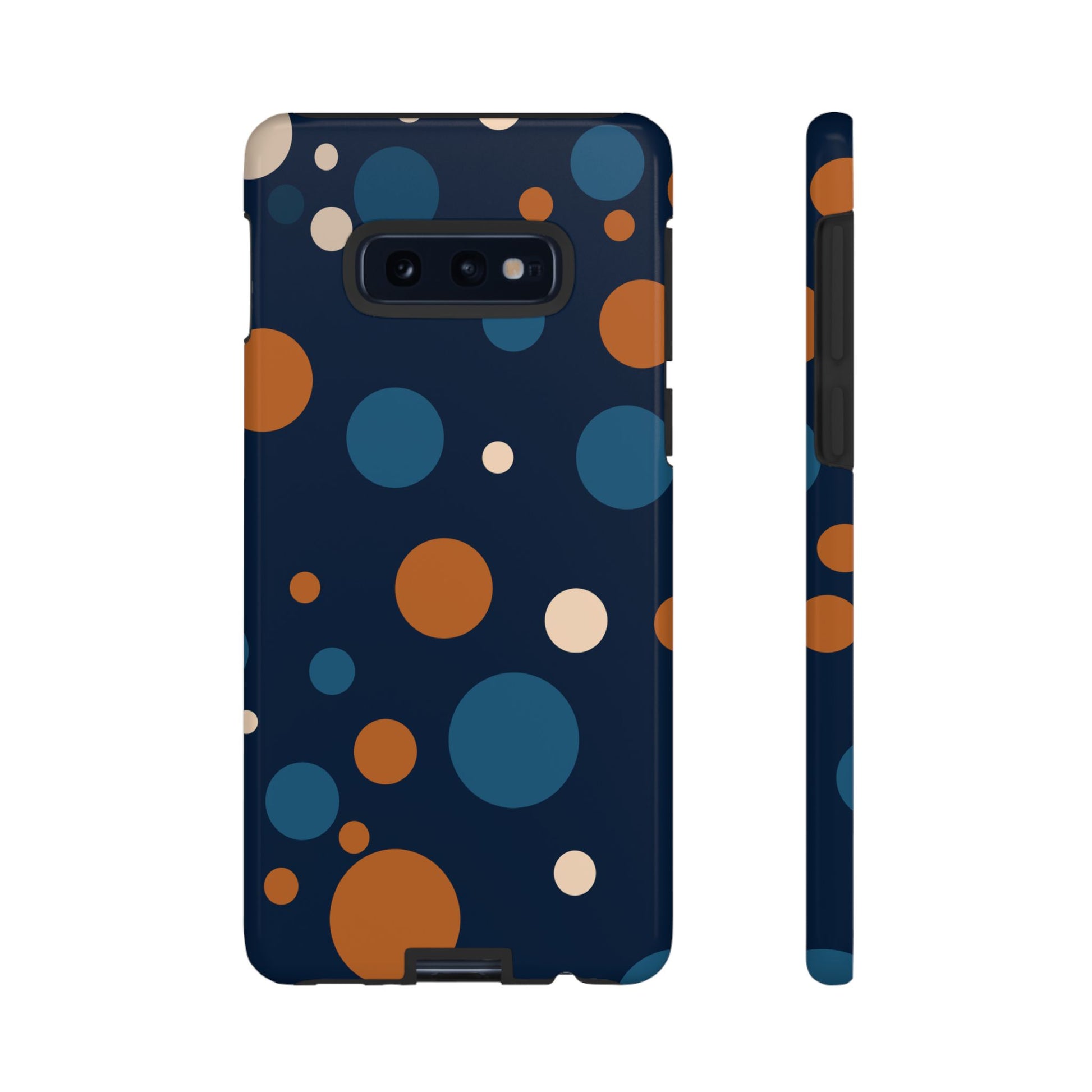 Samsung Galaxy S10E / Glossy Phone Case - ’Bold Navy Blue & Orange / White Dot Pattern’ Phone Case